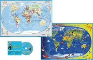 Kinderweltkarte Erde politisch - DUO-Schreibunterlage klein mit Musik-CD