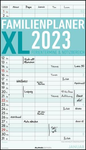 Familienplaner XL 2023 mit 6 Spalten - Familien-Timer 26x45 cm - Offset-Papier - mit Ferienterminen - Wand-Planer - Familienkalender - Alpha Edition