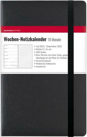 Wochen Notizkalender 18 Monate klein Black 2023 - Taschen-Kalender 9x14 cm - mit Verschlussband & Falttasche - Juli 2021 bis Dez 2023 - Weekly - 208 S