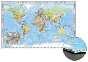 Weltkarte mit Ausschnitt Zentraleuropa zum Pinnen auf Wabenplatte