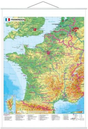 Frankreich physisch 1 : 1.500 000. Wandkarte mit Metallbeleistung