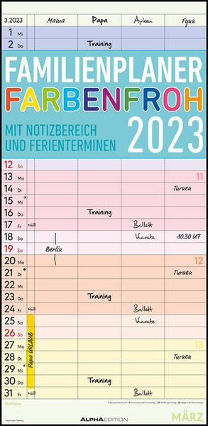 Familienplaner Farbenfroh 2023 mit 4 Spalten - Familien-Timer 22x45 cm