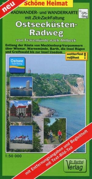 Ostseeküsten-Radweg von Travemünde nach Ahlbeck 1:50 000 Radwander- und Wanderkarte mit Zick-Zack-Faltung