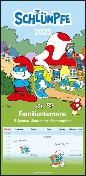 Familienplaner Die Schlümpfe 2023 - Familien-Timer 22x45 cm - mit Ferienterminen - 5 Spalten - Wandplaner - viele Zusatzinformationen - Alpha Edition