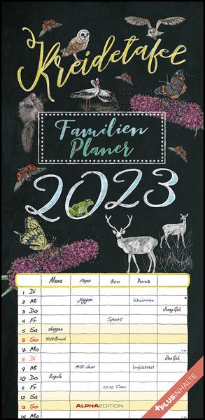 Kreidetafel Familienplaner 2023 - Familienkalender 22x45 cm - 5 Spalten - Kalender mit Ferienterminen und vielen Zusatzinformationen - Wandkalender