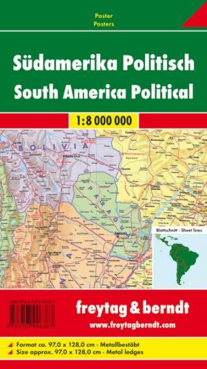 Südamerika physisch-politisch 1 : 8 000 000. Metallbestäbt
