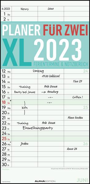 Planer für 2 XL 2023 mit 3 Spalten - Familien-Timer 22x45 cm - Offset-Papier - mit Ferienterminen - Wand-Planer - Familienkalender - Alpha Edition
