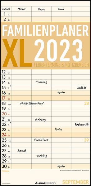 Familienplaner XL 2023 mit 4 Spalten - Familien-Timer 22x45 cm - Offset-Papier - mit Ferienterminen - Wand-Planer - Familienkalender - Alpha Edition