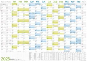 Wandkalender 2023 A1+ [Blau-Grün] 89 cm x 63 cm gefalzt mit Extra A4-Übersicht Eurolochung