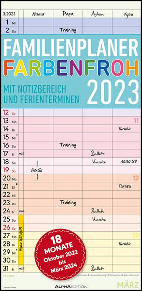 Familienplaner Farbenfroh mit 4 Spalten für 18 Monate 2023 - Familien-Timer 22x45 cm