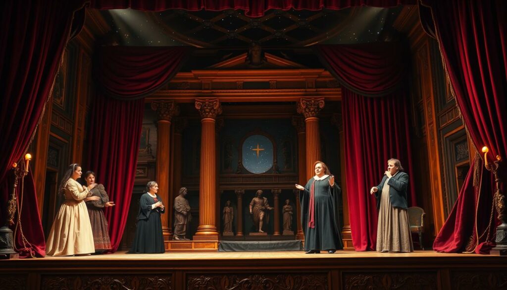 A Shakespearean-inspired stage set for a dramatic Prolog. In the foreground, a grand, ornately carved wooden stage with rich, burgundy velvet curtains drawn back to reveal the scene. Actors in period costumes perform with expressive gestures, their faces illuminated by warm, dramatic lighting. The middle ground features elegant columns, statues, and medieval architectural details, creating a sense of grandeur and timelessness. In the background, a painted backdrop depicts a night sky with twinkling stars, suggesting a sense of mystery and the supernatural. The overall atmosphere is one of high drama, intrigue, and the magic of live theater.