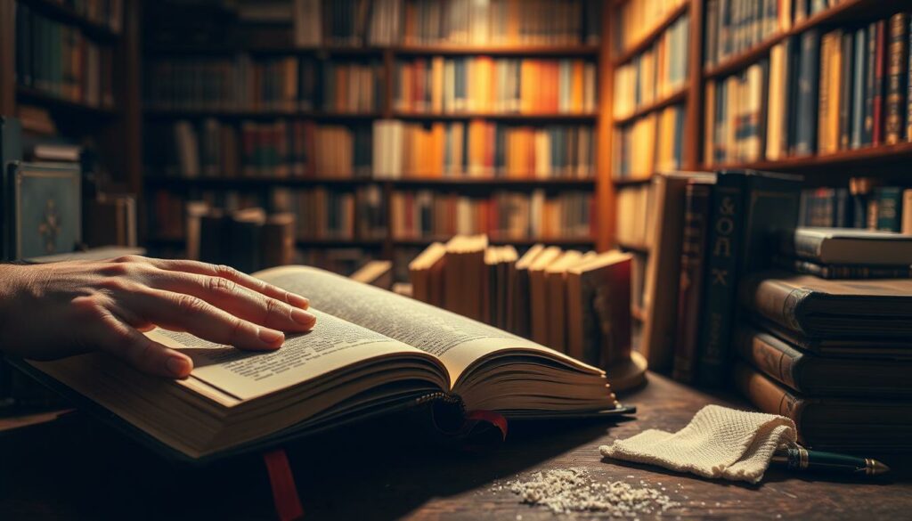 A beautifully lit and detailed scene of book care and preservation. In the foreground, a delicate hand carefully dusting the cover of a well-worn, leather-bound book. The middle ground shows an array of bookends, bookmarks, and soft cloths used to gently maintain the volume's pristine condition. In the background, rows of neatly organized bookshelves, each tome standing upright and protected from damage. The lighting is warm and inviting, casting a gentle glow across the scene and highlighting the reverent attention given to preserving the printed word. The overall mood is one of tranquility, respect, and the joy of curating a cherished personal library.