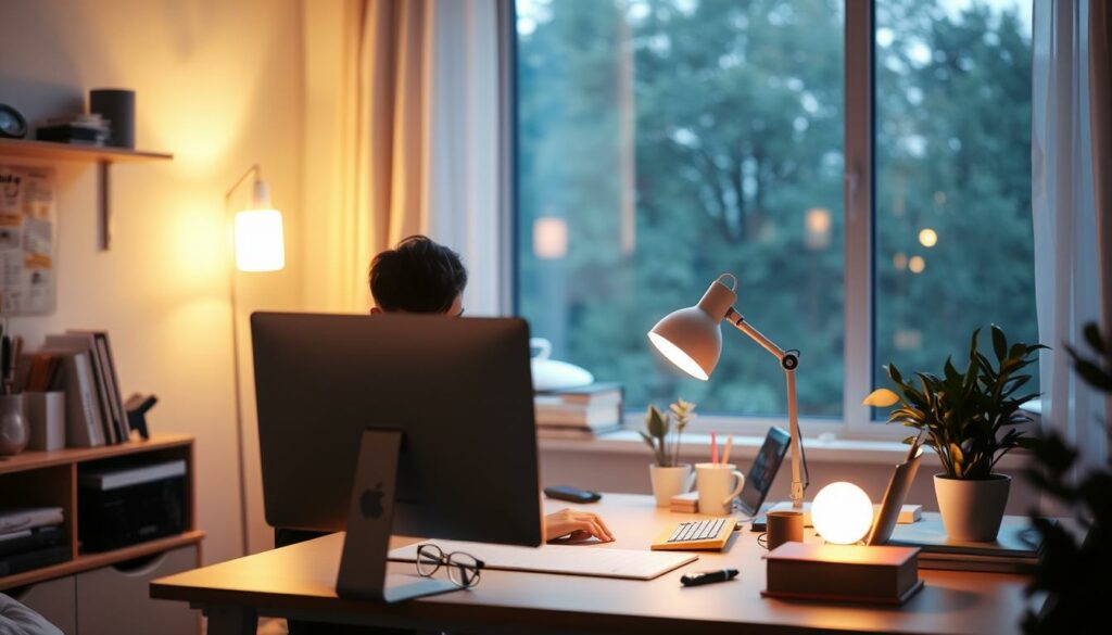 A cozy home office workspace, bathed in soft, warm lighting. In the foreground, a person intently focused on their computer screen, surrounded by carefully curated tools and trinkets to minimize distractions. The middle ground features a minimalist desk arrangement with a stylish lamp, potted plant, and a few carefully selected personal items. The background showcases a serene, nature-inspired view through a large window, hinting at the tranquility and rejuvenation beyond the workspace. The overall mood evokes a sense of concentration, organization, and a harmonious balance between productivity and mindfulness.