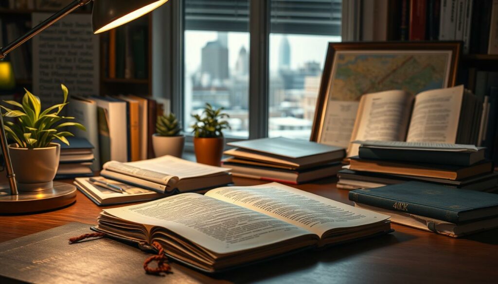 A cozy library desk, softly illuminated by a warm desk lamp, displays an array of books, journals, and stationery - the tools of a diligent Verlagsrecherche. In the foreground, a worn leather-bound notebook lies open, filled with meticulous notes and research. Potted plants and a framed map of the local publishing landscape adorn the scene, creating a contemplative atmosphere. Gentle shadows and highlights accentuate the textures of the materials, inviting the viewer to imagine themselves immersed in the process of thorough, insightful Verlagsrecherche. Through a window in the background, the bustling city skyline hints at the broader publishing industry beyond this focused workspace.