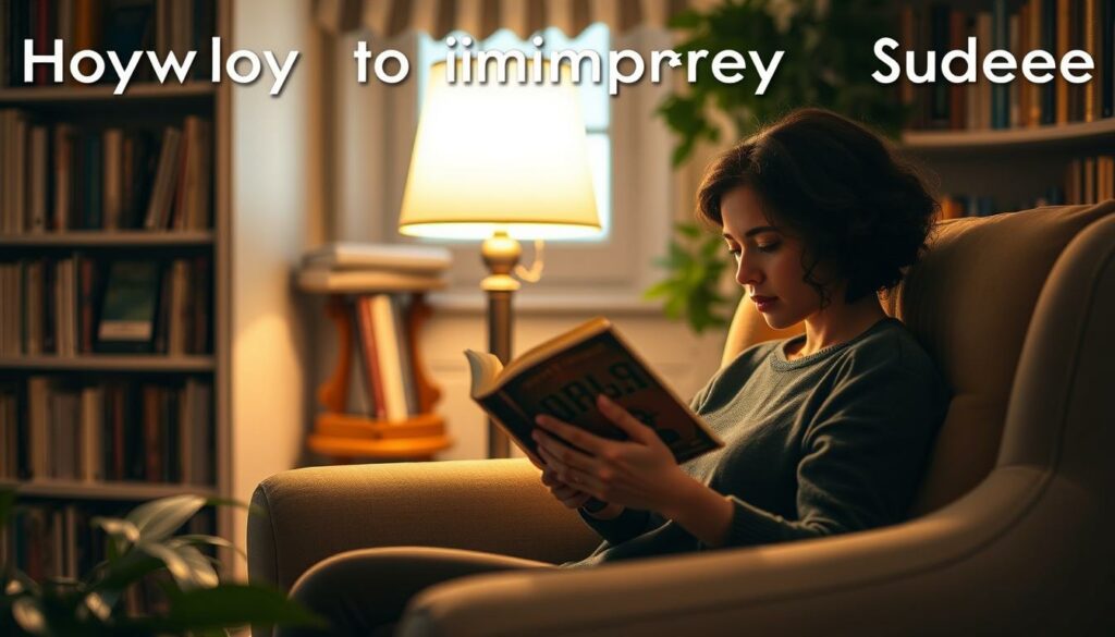 A cozy reading nook with a comfortable armchair, soft lighting, and bookshelves in the background. A person is intently reading a book, their face illuminated by the warm glow of a table lamp. The room has a calming, focused atmosphere, with hints of greenery and natural textures adding to the sense of tranquility. The scene conveys a sense of concentration and engagement with the act of reading, suggesting ways to improve reading speed and comprehension.