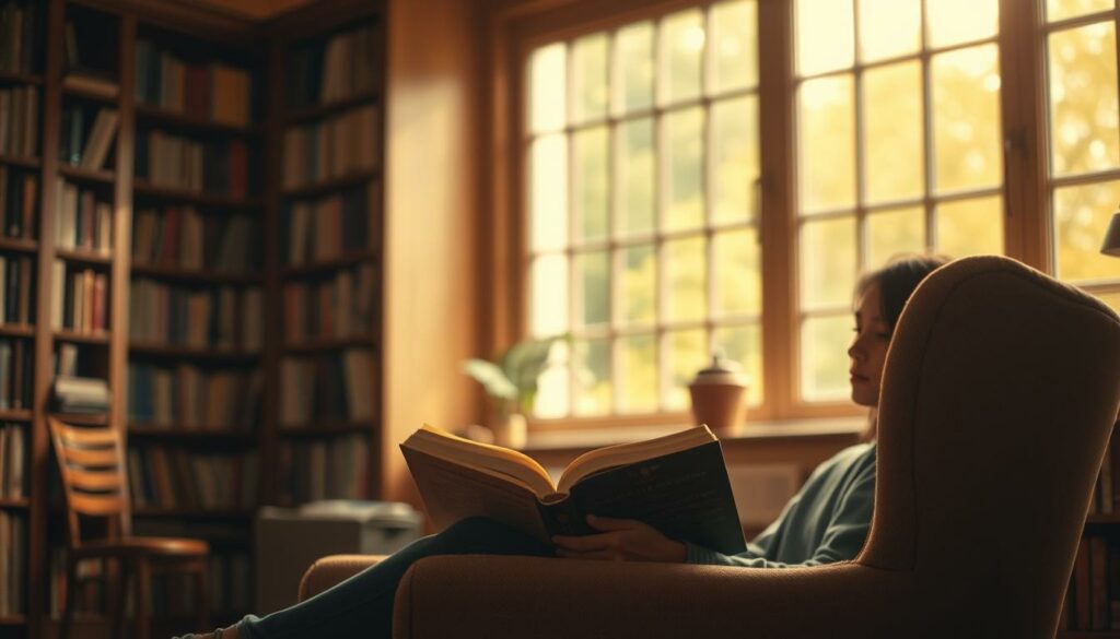 A cozy study with warm, natural lighting filtering through large windows. In the foreground, a person sits comfortably in an armchair, engrossed in a book, their facial expression calm and focused. Shelves of books line the walls, hinting at a love of reading. The background is softly blurred, emphasizing the reader's tranquil concentration. Subtle textures and muted colors create a serene, inviting atmosphere, inspiring the viewer to immerse themselves in the joy of reading and improving their literacy.