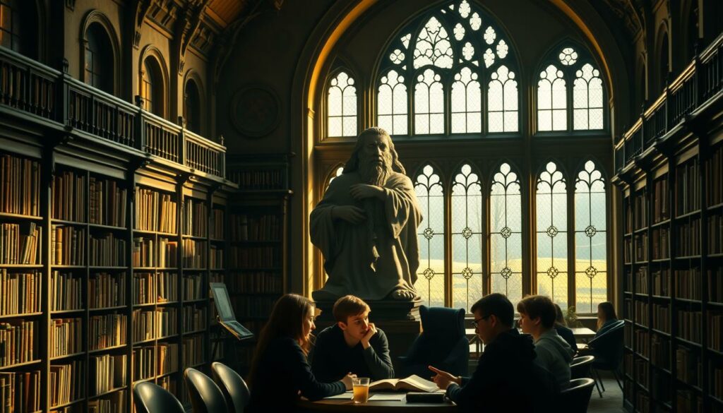 A cozy, well-lit Hogwarts library interior, with rows of ornate bookshelves lining the walls. In the foreground, a group of Hogwarts students gathered around a table, engaged in lively discussion, their faces alight with wonder and excitement as they delve into the magical world of Harry Potter. The middle ground features a larger-than-life statue of Albus Dumbledore, his wise gaze overseeing the scene. The background showcases a grand, arched window overlooking the Hogwarts grounds, bathed in a warm, golden glow. The overall atmosphere is one of comfort, intellectual curiosity, and the timeless allure of the beloved Harry Potter franchise.