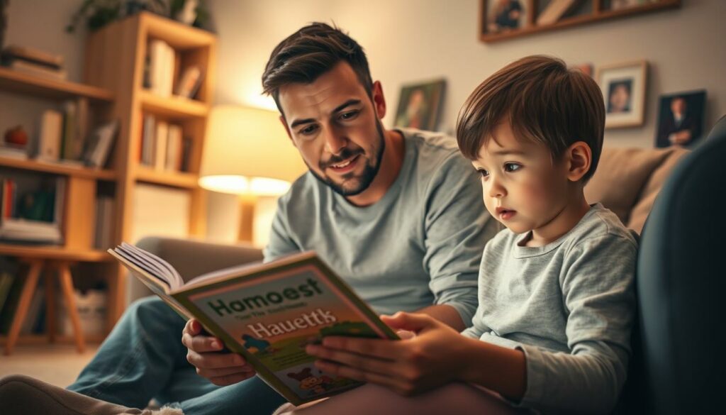 A cozy, well-lit living room scene with an adult reading a book aloud to a child sitting attentively on the floor. Warm, soft lighting emanates from a nearby lamp, casting a gentle glow. The parent's face is filled with an expression of patience and care, embodying the idea of "Vorbildfunktion" or being a role model. In the background, shelves of books and family photos suggest a nurturing, intellectually stimulating environment. The child's eyes are wide with wonder, their posture engaged, reflecting the powerful impact of the parent's reading and modeling of literacy. The overall atmosphere conveys the importance of parents as reading role models for their children.