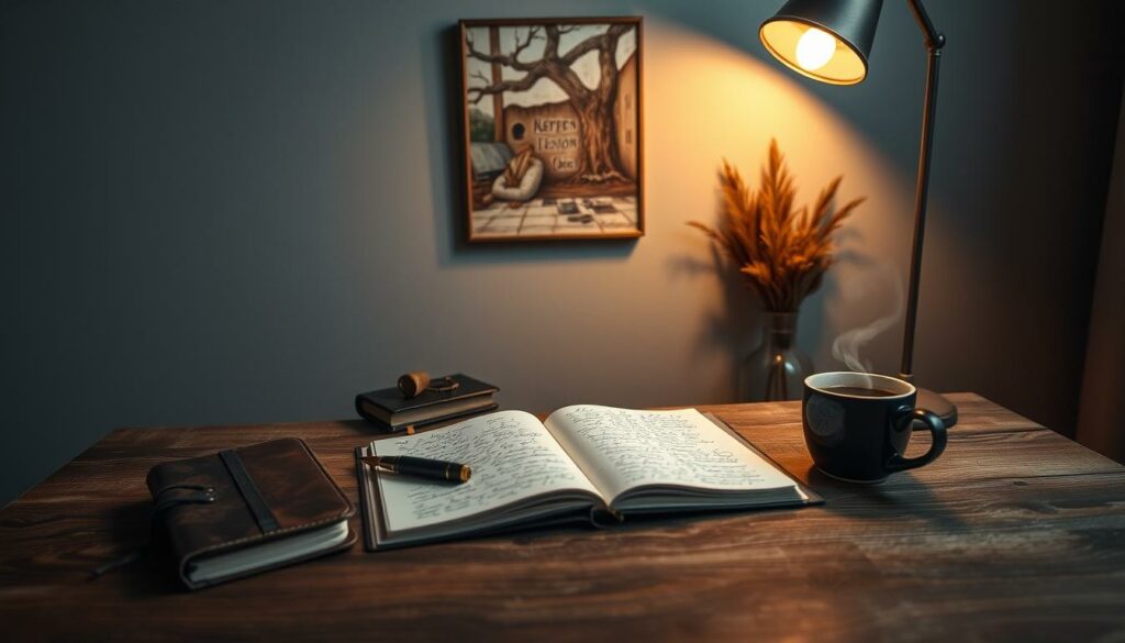 A cozy work desk set against a soft gray backdrop, illuminated by warm overhead lighting. On the desk, an open notebook with handwritten notes, alongside a vintage fountain pen, a well-worn leather-bound journal, and a cup of steaming coffee. Inspirational artwork hangs on the wall, casting a contemplative mood. The scene evokes a sense of focused concentration and the rituals of the writing process, capturing the essence of "Schreibgewohnheiten" - the habits and routines of the dedicated writer.