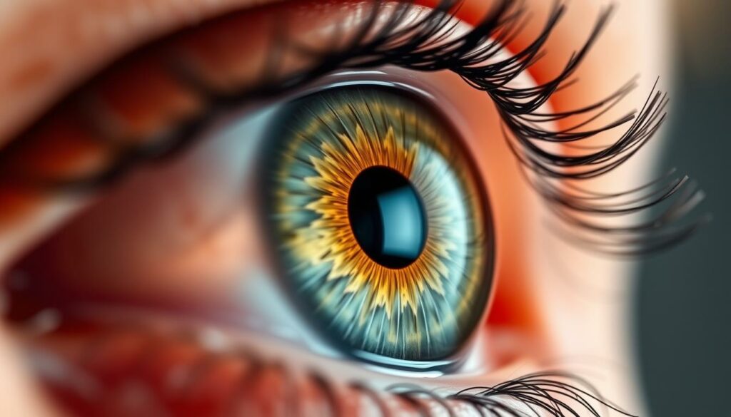 A detailed close-up of a human eye with sharp, crystal-clear focus, showcasing the intricate structure of the cornea, iris, and lens. The eye appears vibrant and healthy, with a natural, lifelike appearance. The lighting is soft and diffused, creating depth and dimensionality, while the depth of field is shallow, emphasizing the clarity and precision of the eye's features. The background is subtly blurred, allowing the eye to be the central focal point, conveying a sense of long-term visual improvement and enhanced visual acuity.