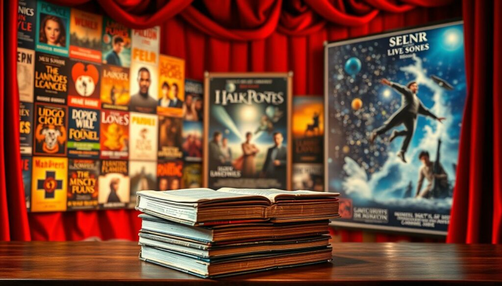 A grand red-velvet theater curtain parts to reveal a stunning array of book covers, each one shimmering with the vibrant colors and intricate designs that have captivated audiences worldwide. In the foreground, a stack of well-worn, dog-eared paperbacks sits atop a polished wooden table, a testament to the timeless appeal of these beloved literary adaptations. The middle ground is dominated by larger-than-life movie posters, their bold, cinematic imagery promising the thrill and spectacle of these celebrated book-to-film translations. Finally, the background is filled with a galaxy of twinkling lights, casting a warm, inviting glow over the entire scene, as if to welcome viewers into this enchanting world of successful book-to-movie adaptations.
