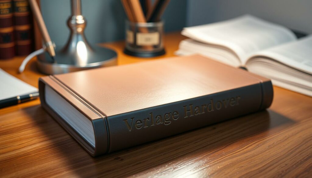 A hardcover book prominently displayed on a wooden desk, its glossy cover reflecting the warm light of a desk lamp. The book's spine bears the embossed title "Verlage Hardcover" in a classic serif font. The surface of the desk is neatly organized, with a few scattered writing implements hinting at the book's role in the publishing process. The background is softly blurred, drawing the viewer's attention to the tactile quality of the book's cover and the thoughtful curation of the scene. A sense of authority and tradition emanates from the image, suggesting the enduring appeal of physical books in the digital age.