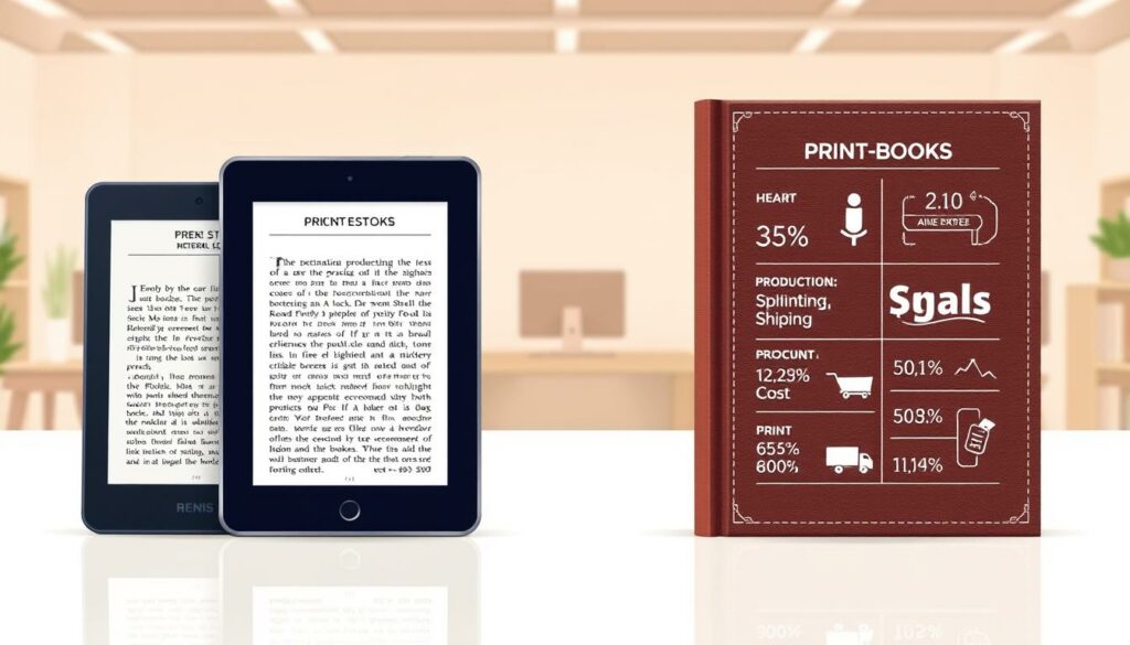 A high-contrast, detailed illustration comparing the manufacturing costs of e-books and print books. In the foreground, a sleek e-reader and a hardcover book, their relative sizes emphasizing the size and material differences. The middle ground features a breakdown of the key cost factors - production, printing, shipping, etc. - for each format, visualized through clear infographic elements. The background depicts a clean, minimalist office or studio environment, with a warm, neutral color palette to keep the focus on the subject matter. The overall composition should convey a sense of clarity, balance, and technical precision to match the informative nature of the content.