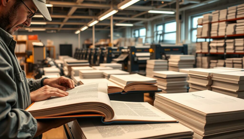 A high-quality, large-format book being produced in a modern publishing studio. In the foreground, a skilled bookbinder carefully assembles the pages, binding them with a heavy-duty glue. In the middle ground, printing machines churn out sheets of paper, the ink glistening under bright, warm lighting. In the background, rows of shelves hold stacks of neatly packaged books, ready for distribution. The atmosphere is one of precision, efficiency, and the pride of craftsmanship - a seamless collaboration between human and machine to bring a new literary work into the world.