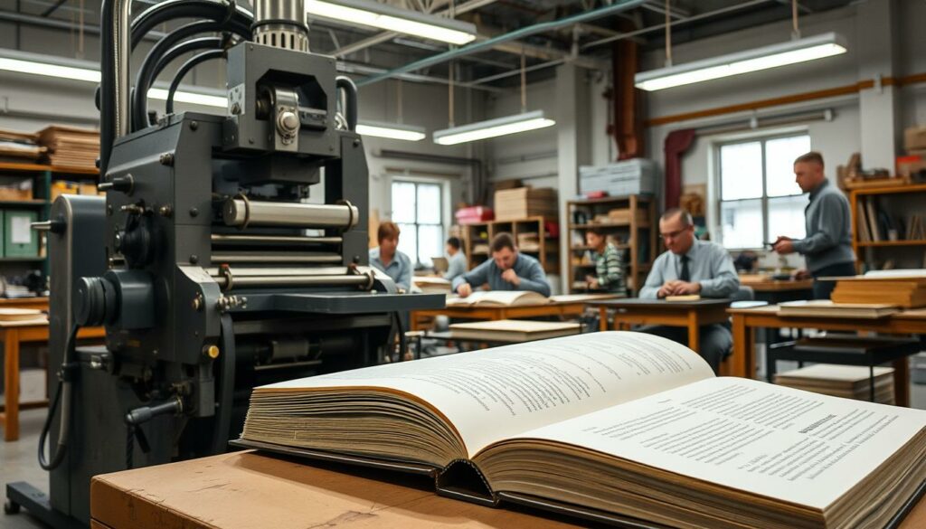 A large, heavy-duty book-binding machine dominates the frame, its metallic components gleaming under bright studio lighting. In the foreground, thick pages and a sturdy hardcover material lie ready for assembly. In the middle ground, skilled artisans meticulously fold, glue, and stitch the book's signature sections, meticulously crafting each detail. The background reveals a workshop filled with specialized tools, shelves of materials, and the hushed concentration of the bookbinding process. An atmosphere of precision, craftsmanship, and the creation of an imposing printed volume permeates the scene.
