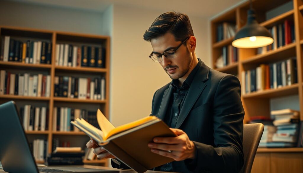 A professional, well-lit office setting with a person intently reading a book, surrounded by an array of books on shelves and a laptop computer, conveying a sense of dedication and intellectual engagement. The soft, warm lighting creates an atmosphere of focus and productivity, hinting at the power of reading to unlock career success. The angle of the shot captures the reader's expression of concentration, suggesting the transformative potential of literary knowledge and skills.
