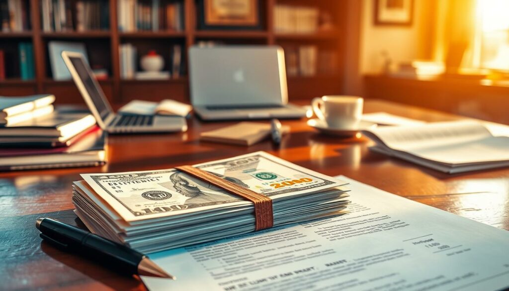 A stack of crisp, freshly-printed banknotes lying on a mahogany desk, illuminated by warm, golden light filtering through a window. In the foreground, a pen and a contract document, hinting at the financial transaction and the author's earnings. The middle ground features a laptop, a cup of coffee, and neatly organized papers, conveying the author's workspace and the process of negotiating and receiving the advance payment. The background showcases bookshelves, a framed diploma, and other accoutrements of a writer's office, suggesting the intellectual and professional context of the author's work. The overall scene exudes a sense of success, accomplishment, and the tangible rewards of the creative endeavor.