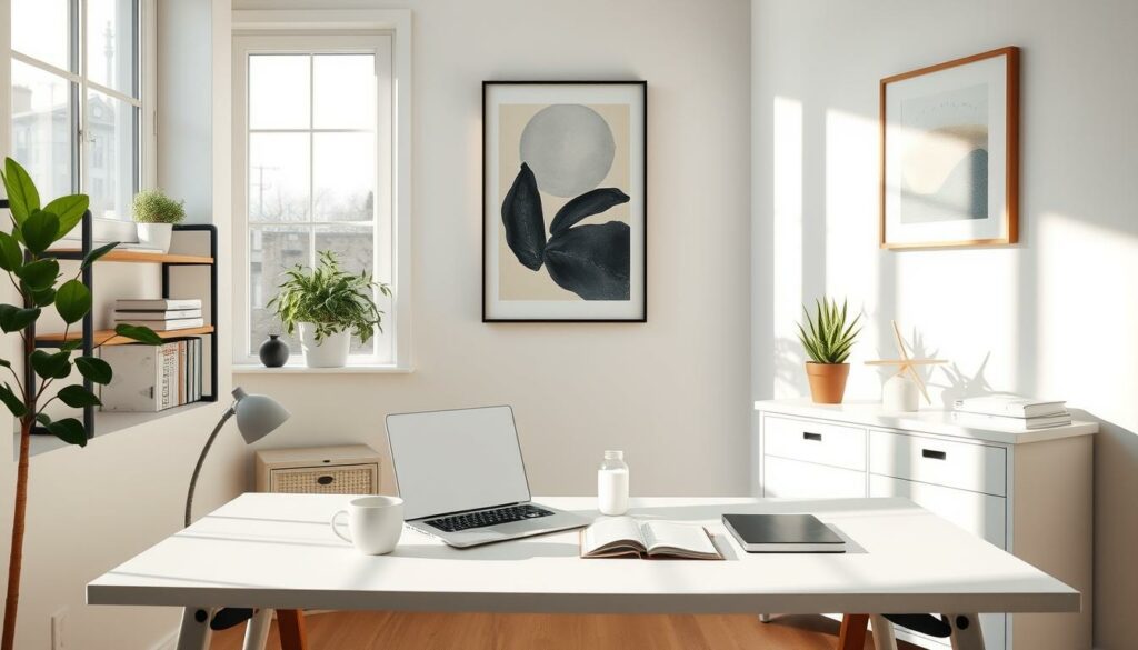 A sunny, well-organized home office with a minimal, Scandinavian-inspired desk setup. On the desk, a laptop, a planner, and a cup of coffee. Shelves on the wall display a few carefully curated books and plants. Floor-to-ceiling windows let in natural light, creating a serene, focused atmosphere. The walls are painted a soft, neutral tone. A large, framed piece of abstract art hangs on the wall, adding a touch of creativity. The overall scene conveys a sense of balance, productivity, and intentional living.