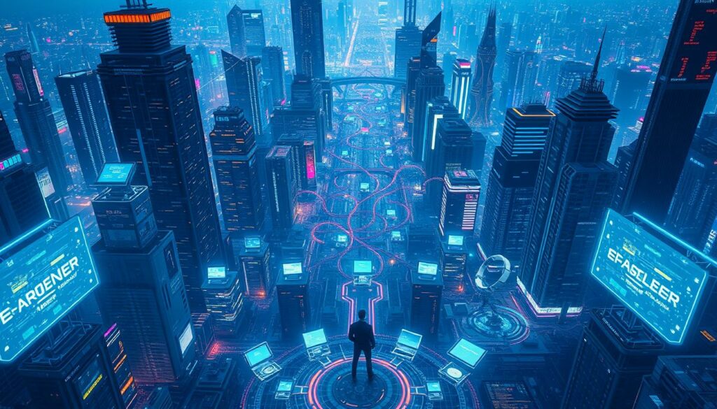 A sweeping aerial view of a bustling digital metropolis, with towering skyscrapers and interconnected networks of data streams. In the foreground, a lone figure stands amidst a sea of holographic displays, representing the intersection of the physical and digital realms. The middle ground is a cacophony of activity, with robotic arms and automated systems processing information at lightning speed. The background is a kaleidoscope of vivid colors, reflecting the ever-evolving nature of the digital landscape. The scene is bathed in a cool, futuristic lighting, capturing the sense of innovation and progress that defines the digital age. An immersive and thought-provoking image that encapsulates the transformative impact of digitalization on the publishing industry.