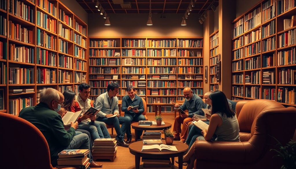 A vibrant and inviting bookstore scene with a cozy reading nook, where a group of book enthusiasts engage in lively discussions. Soft, warm lighting creates a welcoming atmosphere, as people gather around a coffee table, exchanging recommendations and insights. In the background, tall bookshelves line the walls, filled with an assortment of literary genres. A large, comfortable armchair sits in the corner, beckoning readers to curl up and lose themselves in the pages of their next literary adventure. The overall mood is one of intellectual curiosity, community, and a shared love of the written word.
